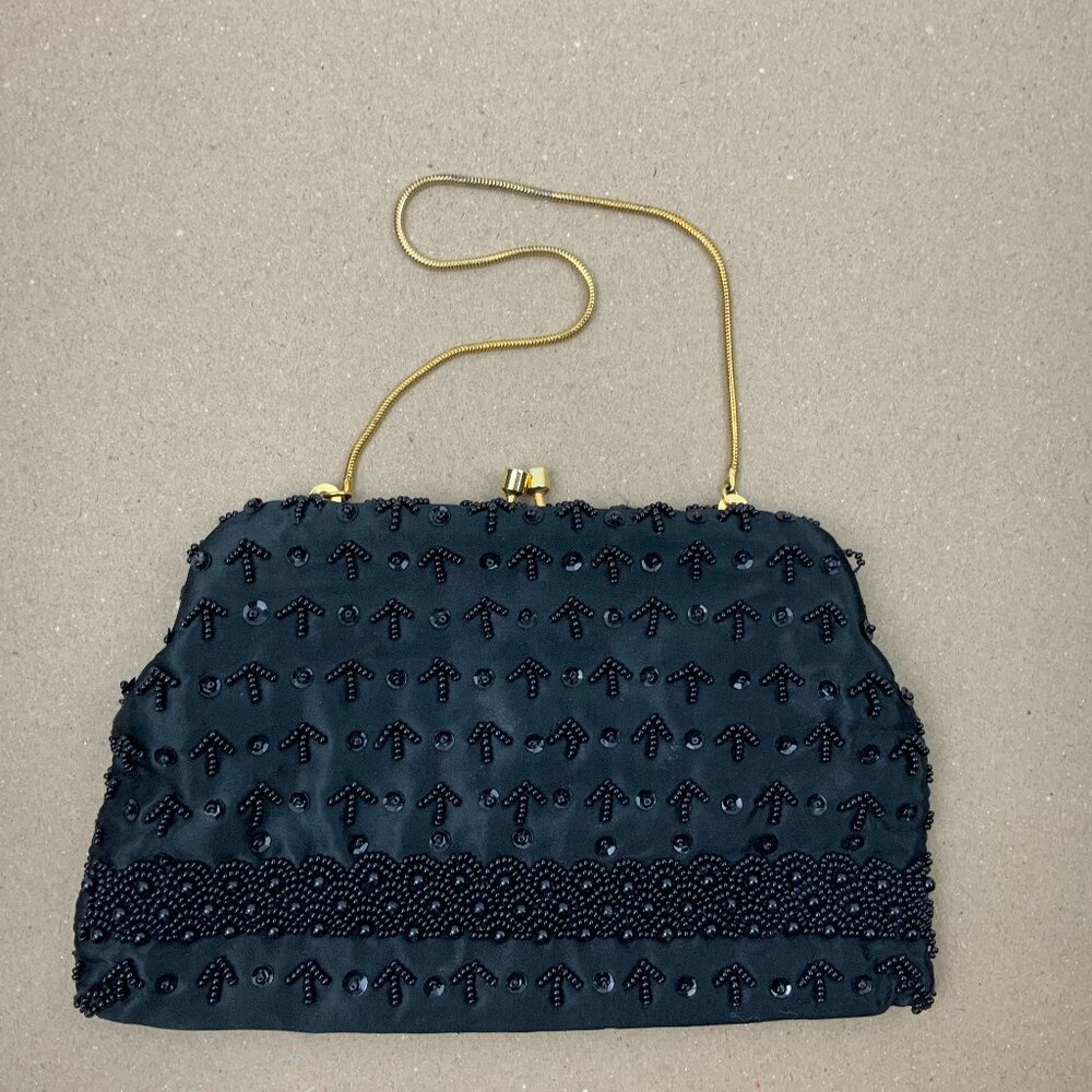 Vintage 60s Black Satin Silk Beaded and Sequined Evening Party Clutch/Bag - Picture 4 of 16